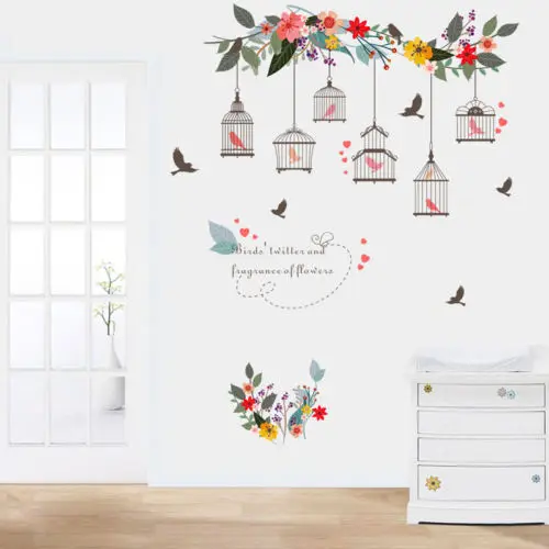 

Removable Flower Vine Bird Cage Wall Stickers Art Decal Home Decor Modern Mirror Style Mural Vinyl Kids Room Home Decor
