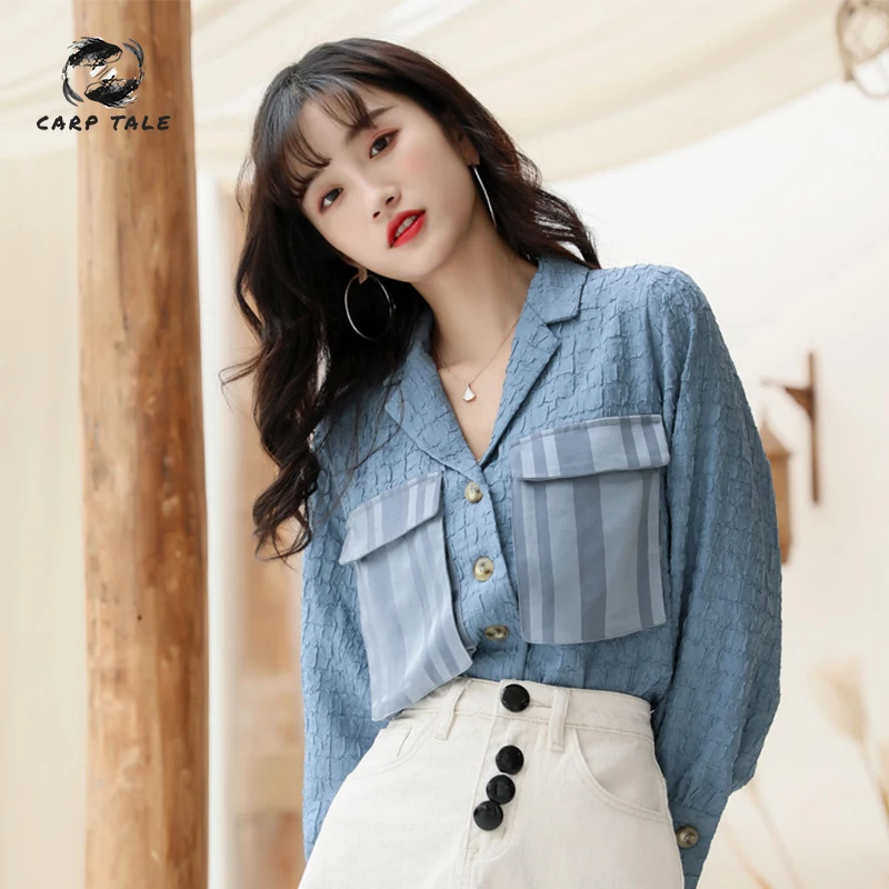 

Three-dimensional pattern chiffon shirt long sleeve 2019 spring and summer new original design suit collar French elegant shirt