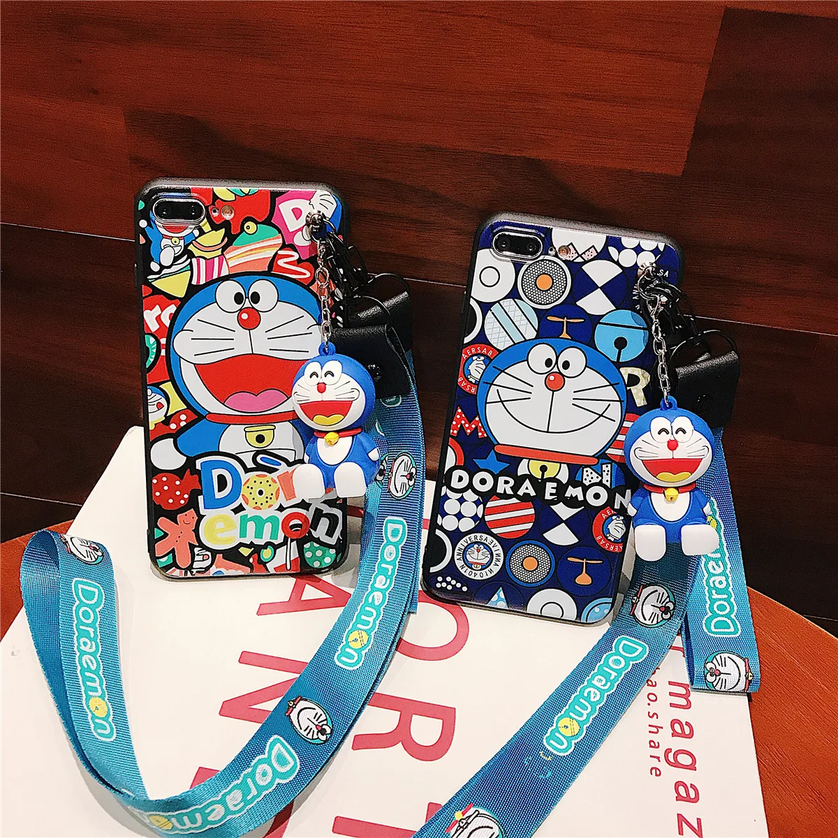 

For iPhone 11 Pro Xs Max Xs XR 6 7 8Plus Case Doraemon TPU Case Stand Holder Soft Phone Strap Rope Case