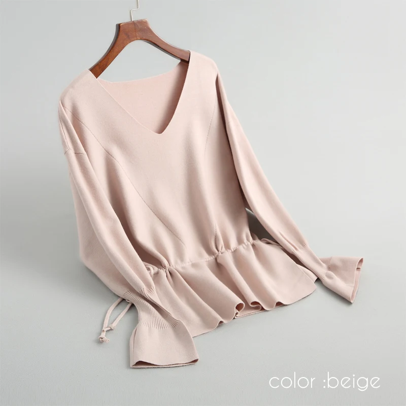 Women sweater loose style knitted solid color casual drawstring sweater design V-neck trumpet sleeve sweater