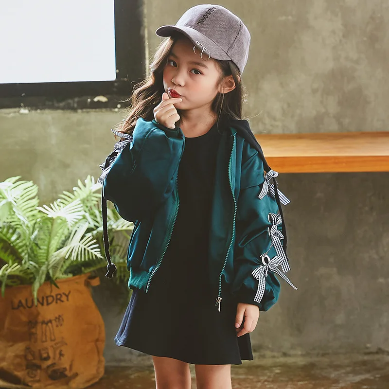

Long Sleeve Coat for Girls Kids Jacket Ribbons Children's Zipper Outwear Bow Sleeve Nicely Teenager Jacket For 5 6 7 8 9 10 Year