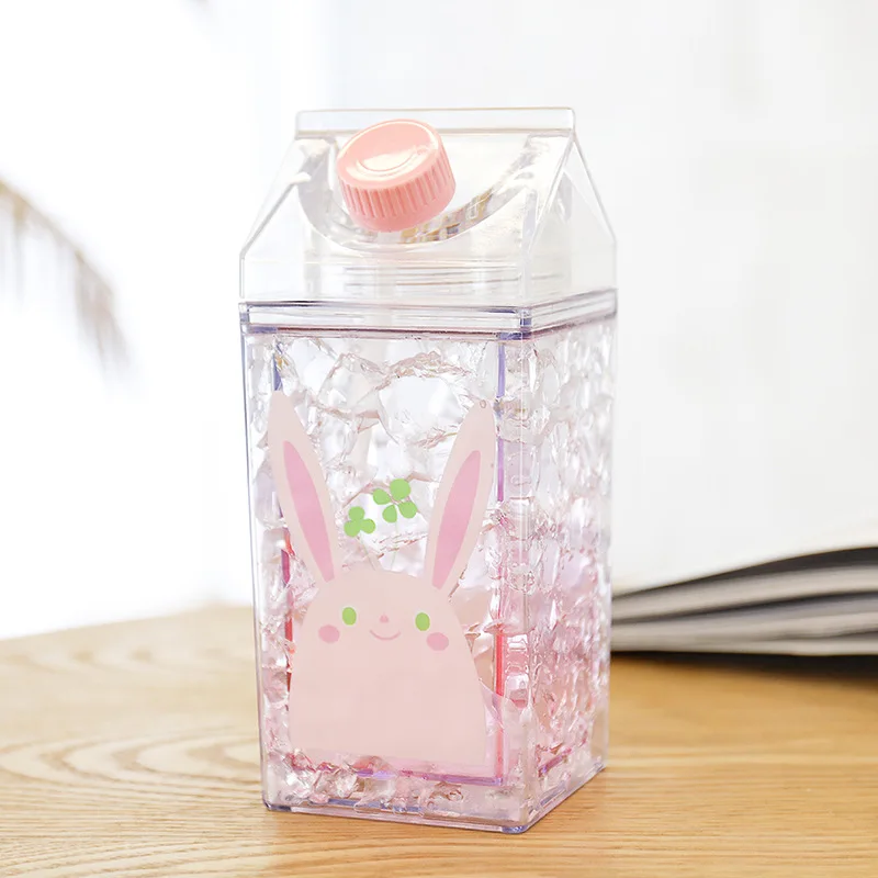 Мультяшная бутылка для воды с милыми животными 400 мл квадратная Двойная Стенка пластиковых бутылок из-под молока летняя портативная посуда для сока без бисфенола - Цвет: rabbit