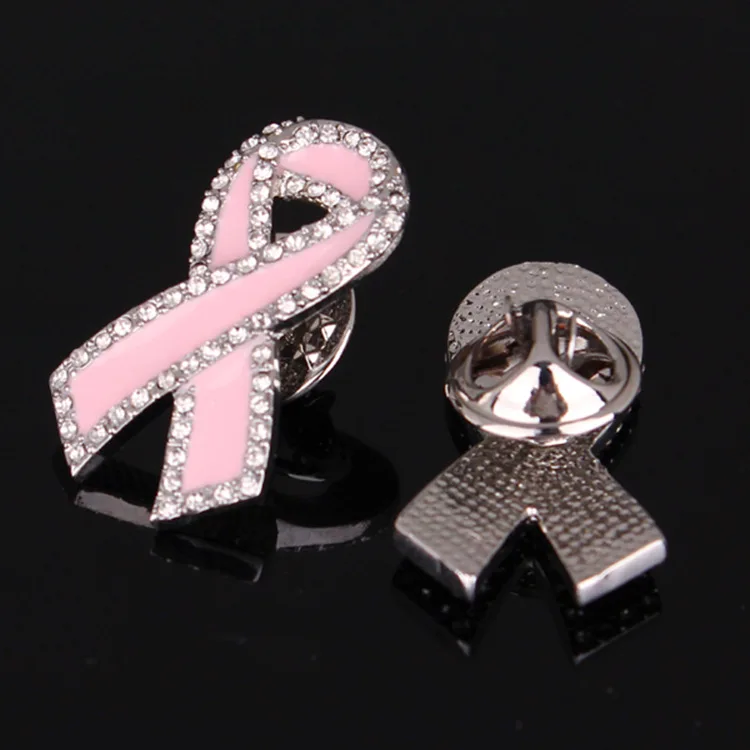 

Free shipping! Breast Cancer Awareness Metal Badge Custom Pink Ribbon Rhinestone Brooch Pin Factory Direct