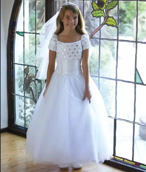 

Stunning White Flower Girls Dresses for Wedding Rhinestone Crystals Short Sleeve Ankle Length Kids Custom Made
