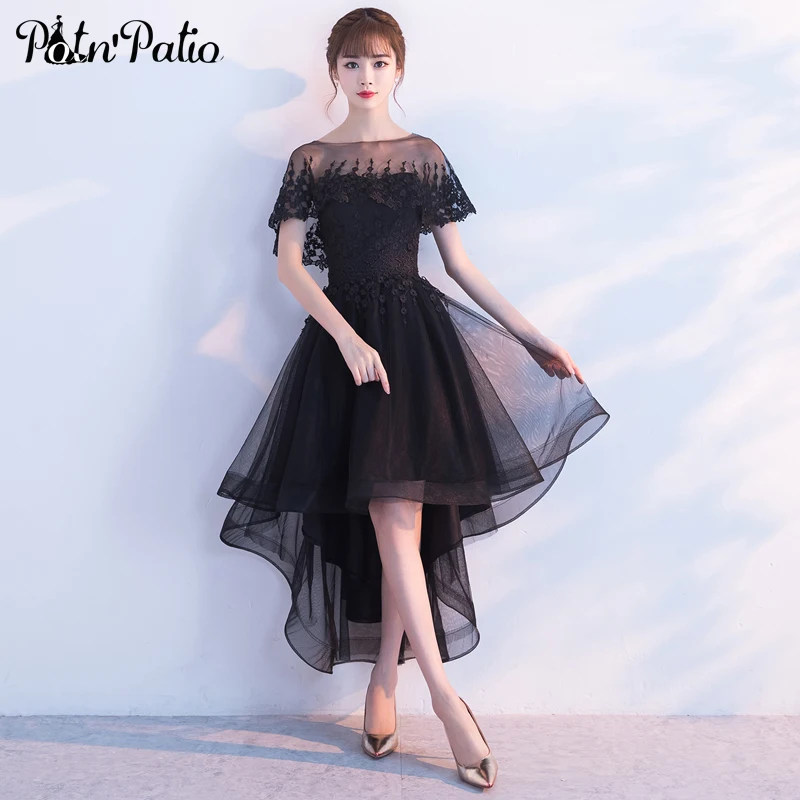 

PotN'Patio High Low Prom Dresses Wtih Removeable Jacket 2017 New Elegant Black Graduation Dresses