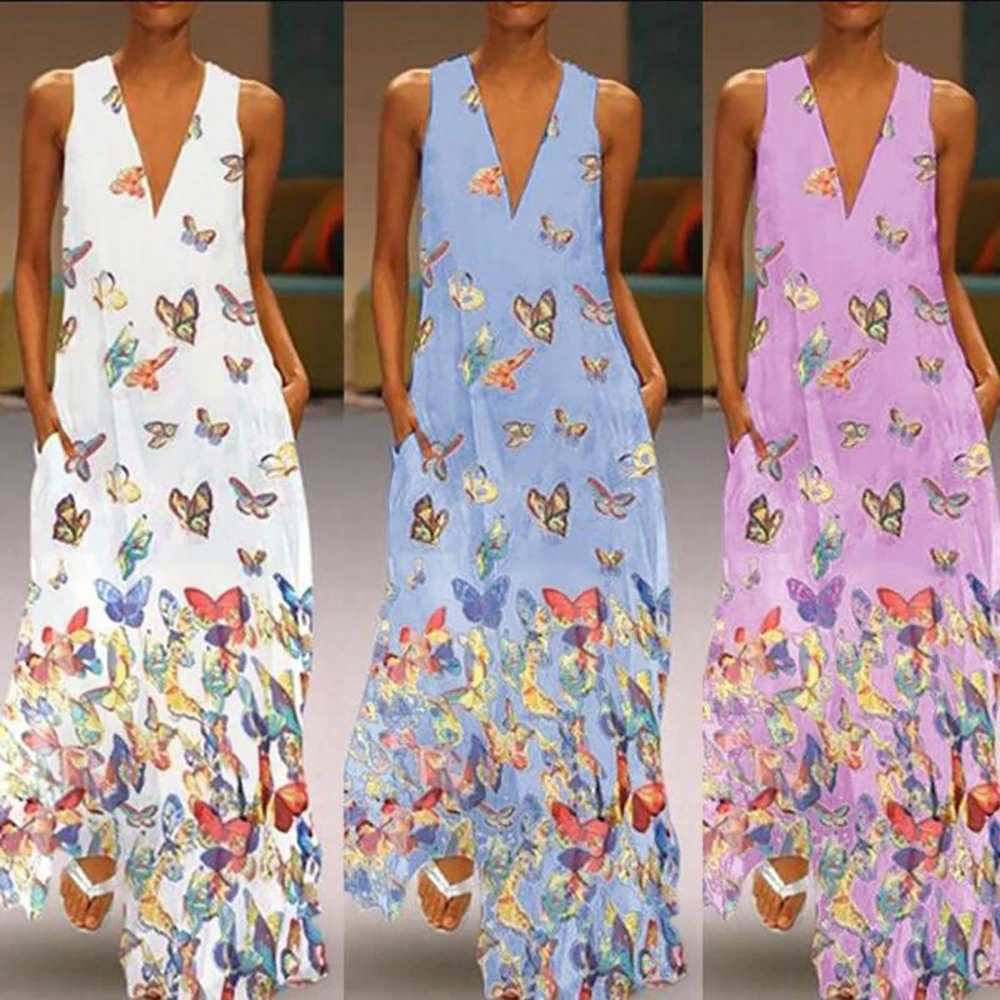 

Vintage Sleeveless Butterfly Print Dress Women V Neck Bohemia Summer Dress Long Casual Beach Dress Pockets Loose Maxi Dress