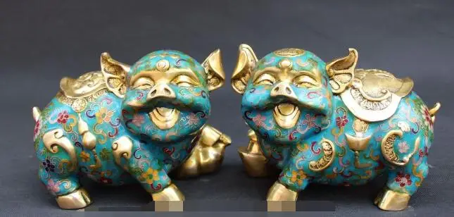 

S5242 8" Royal Chinese 100% Bronze Gild Cloisonne Enamel Wealth Folk Pig Statue Pair discount 30% (C0324)
