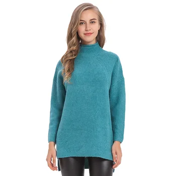 

High-collar, medium-length, thick and loose knitted sweater woman