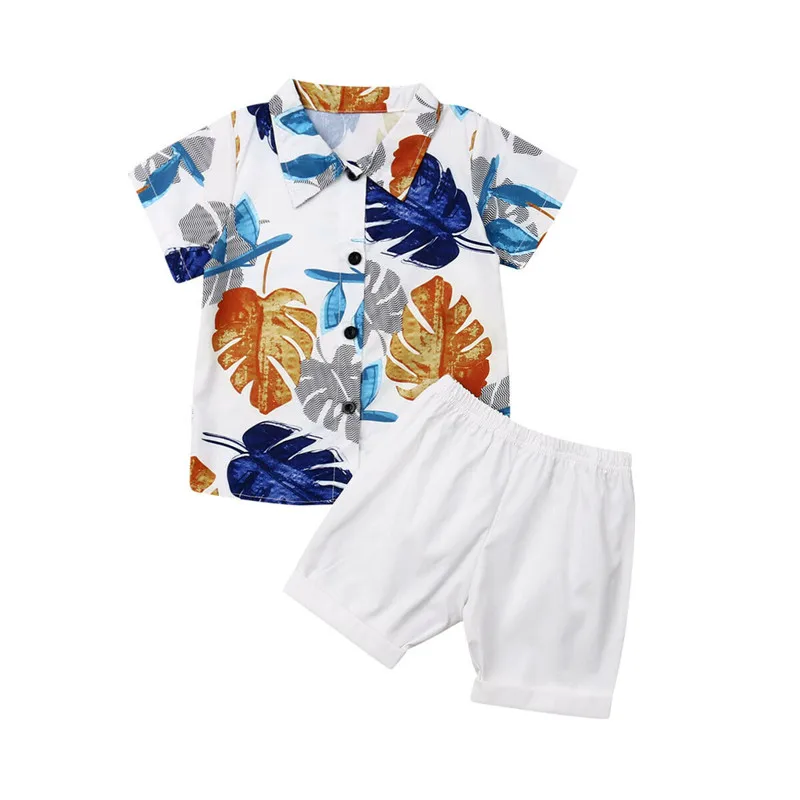 

Summer Toddler Baby Kids Boys clothes Button Geometry turn-down collar short sleeve T-shirts solid Shorts 2pc cotton Outfits