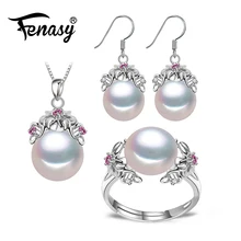 FENASY, натуральный жемчуг, ювелирный набор для женщин, богемный цветок, рубиновый кулон, ожерелье, 925 серебро, висячие серьги, модное кольцо 8-9 мм