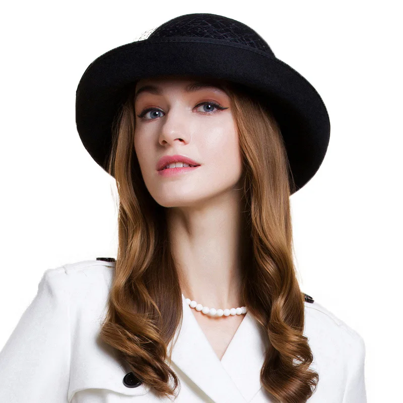 FS estilo británico negro mujer Lana fieltro Fedora gasa con flor de invierno rizo de ala ancha sombrero mujer niñas boda sombreros - 4