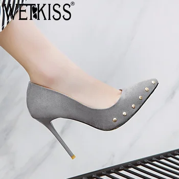 

WETKISS Flock Pumps Women Pointed Toe Footwear Shallow Stud Shoes Female Thin High Heels Shoes Woman 2019 Spring Plus Size 46