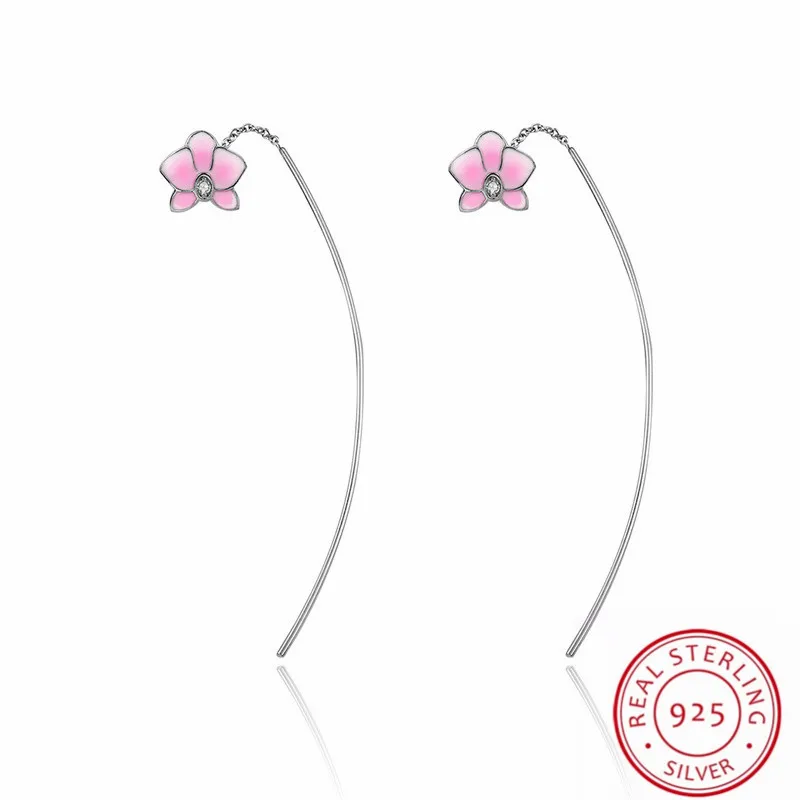 

Fashion 925 Sterling Silver Dangle Earrings Lucky Pink Magnolia Earrings Accessories Long Drop Earrings Women Jewelry Gift