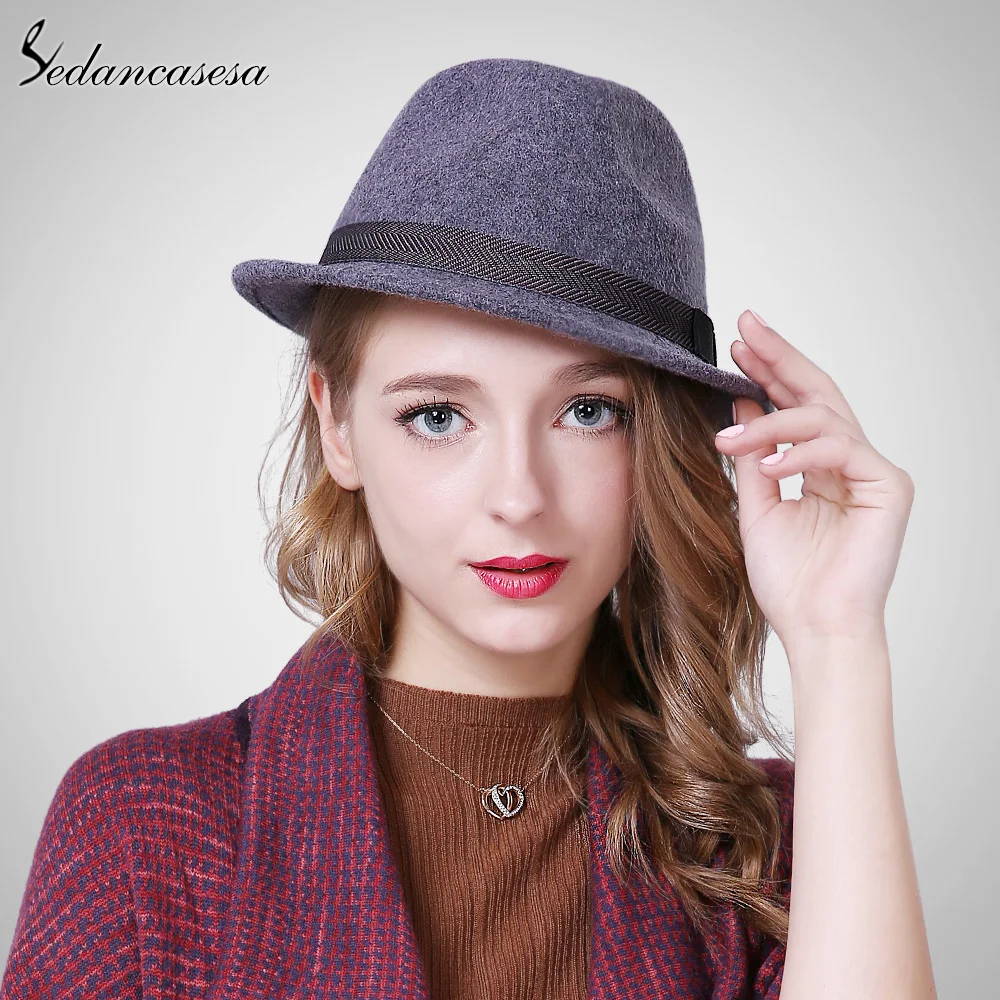 Sedancasesa classic Autumn Winter Female Fedora Hats Europe woolen with women British Trilby Hat