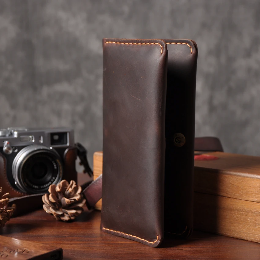 Handmade Vintage Crazy horse Genuine Leather Wallet Men Purse Leather Men Wallet long style ...