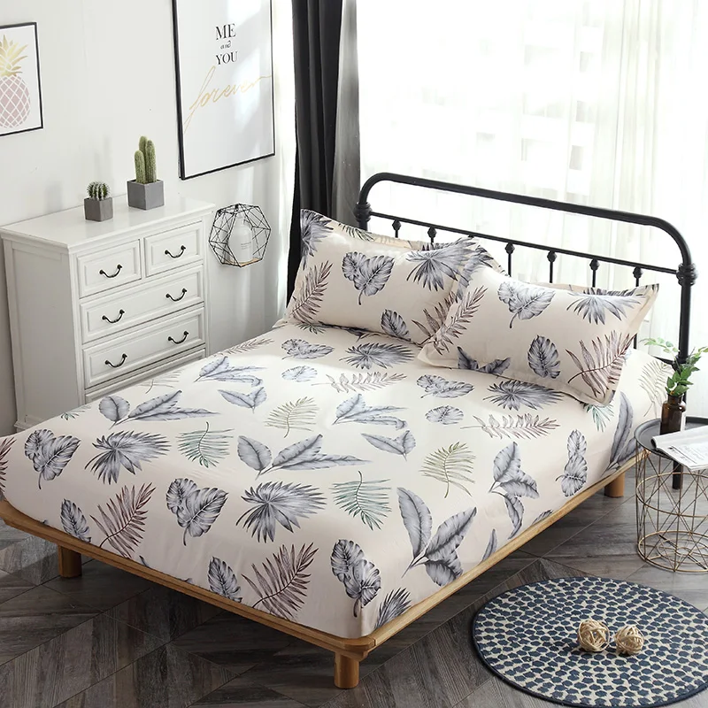 

White Leaves Bed Sheet Plant Print Fitted Sheet Deep Pocket Mattress Cover Elastic Band Soft pillowcase Bedclothes twin king bed
