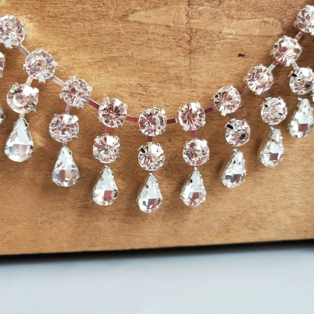 

1yard 32mm Pendant Rhinestone Fringe Trim Ribbon Silver Crystal Chain Bridal Sash Belt Sewing on Applique Wedding Dress Necklace