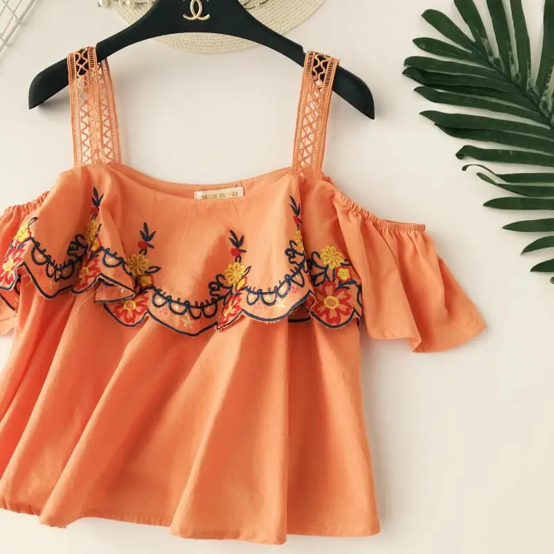 Новое поступление Лето корп Топ Женская мода свободные оборки Вышивка Цветы Slash Camisole Женская Повседневная Лодка короткие майки Топ