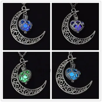 

hollow out the moon heart-shaped pendant Luminous stone necklace