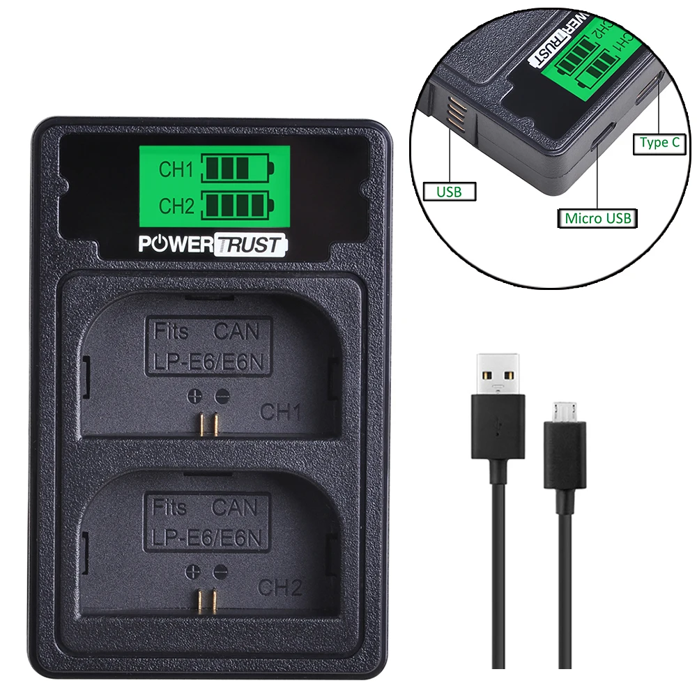 Vemico LP-E6/LP-E6N 2x2100mAh batteries de remplacement avec double chargeur USB LCD Type-C compatibles avec Canon 5d Mark Iv/EOS 5D Mark Ii/EOS 5D Mark Iii/EOS 60D/EOS 7D/EOS 6D/EOS R/EOS 80D 