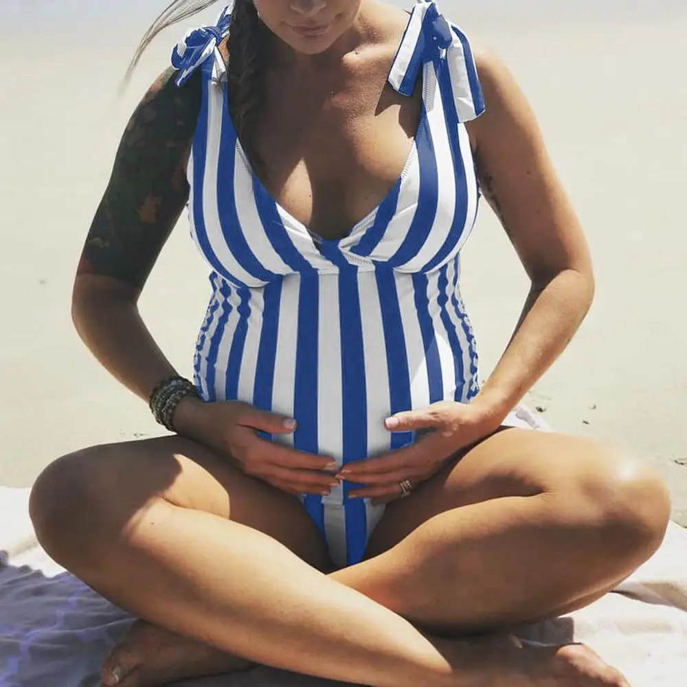 

Maternity One Piece Swimsuit Tankinis Women Stripe Print Bikinis Swimsuit Beachwear Pregnant Suit Casual Maternity Swimwear