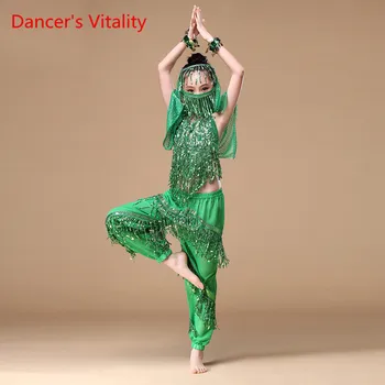 

Sari Children Indian Dance 4-piece Costume Set (Top, Belt, Pants and Head Pieces) Bollywood Dance Costumes for Girls