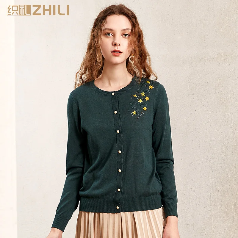 

ZHILI 2019 Spring Autumn Wool Sweater O-Neck Embroidered Cardigan