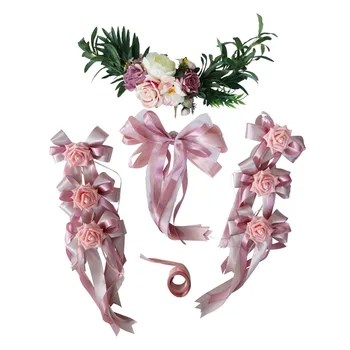 

9 Pieces Wedding Car Decorations Kit Silk Flower Ribbon Bows Set for Wedding Bridal Car Decor Party Stage Favor Supplies