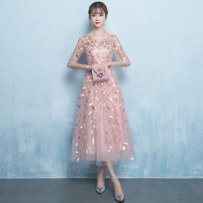 Elegant Pink Asian Qipao Embroidery Long Cheongsam Dress Vestidos