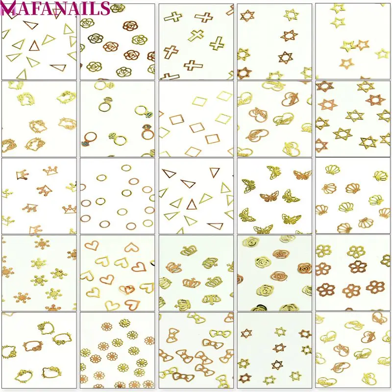

1000Pcs/Lot 3D Metal Slice Triangle/Star/Crossing Gold Copper Nail Stickers Decal Foil Christmas Nail Art Decoration 25 Shapes