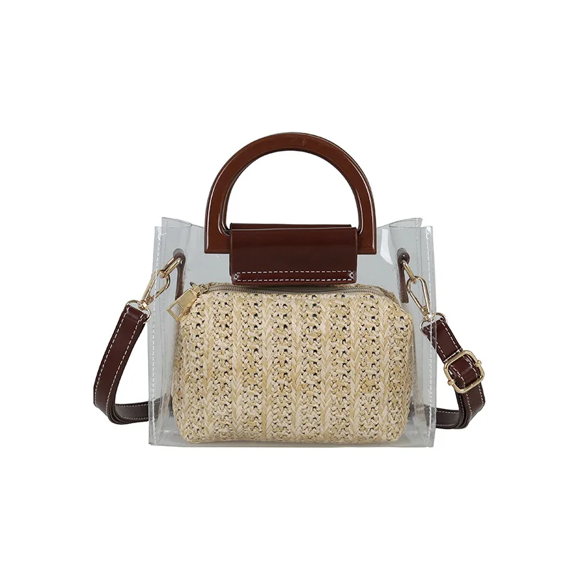 

Women Transparent Shoulder Bag PVC Clear Summer Straw Hand Woven Bags Messenger Crossbody Bag Small Square Fashion Handbag Totes