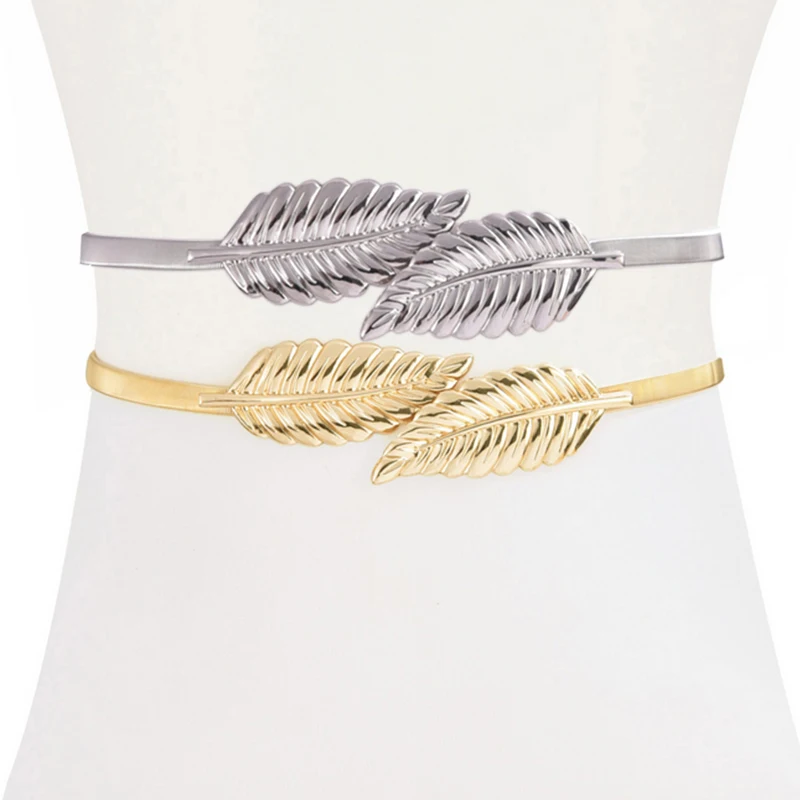 

Women Belts Vintage Elastic leaf shape Wedding Design Clasp Summer Style Stretch Skinny Metal Waist Gold/Silver