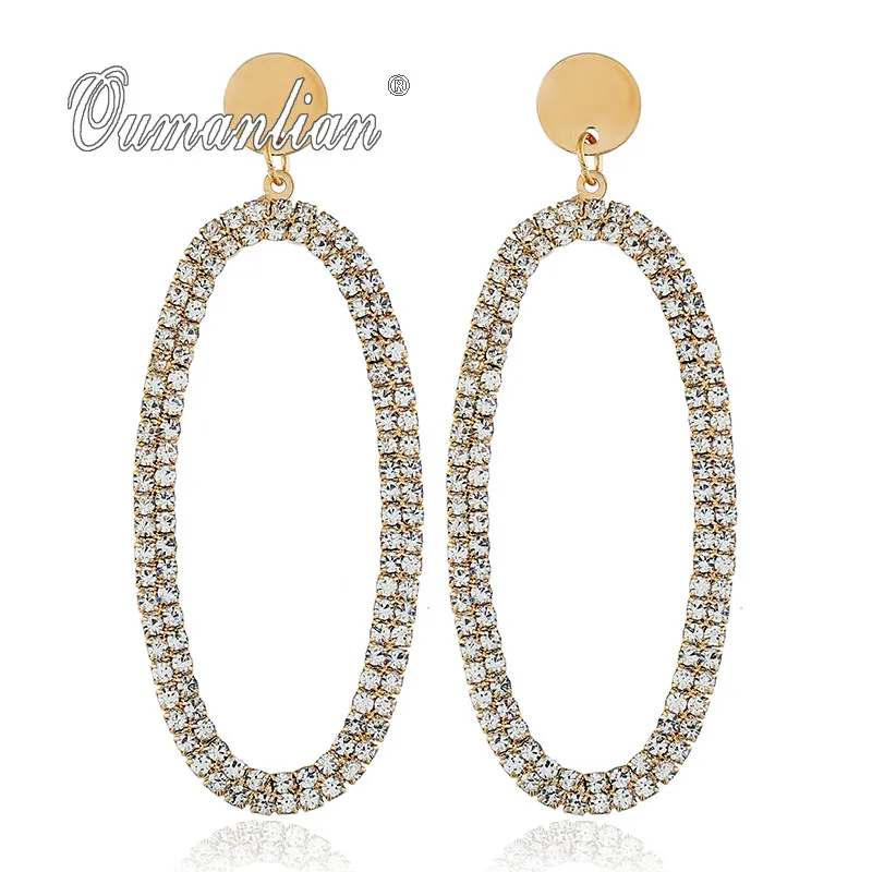 

New arrival Sparkling fashion Geometric Oval Crystal Earrings for Women Rhinestone Simple Golden silver color Wedding Party E106