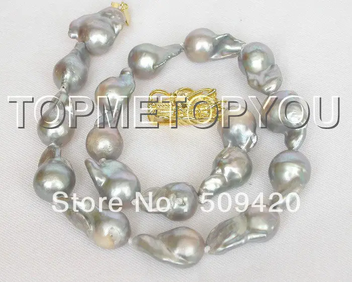 

~~ Free ShippingHUGE 26mm natural Gray Reborn keshi pearls necklace filled gold clasp