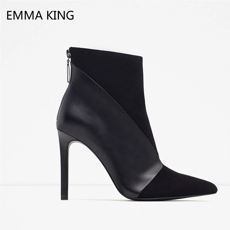 

Fashion Leather Boots Women Splicing Cow Suede Sexy Black Thin High Heels Shoes Woman Zip Pointed Toe Ankle Boots For Women