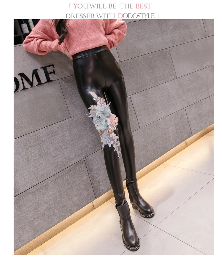 Модные Зимние флисовые матовые леггинсы из искусственной кожи женские узкие брюки с эффектом пуш-ап женские леггинсы с вышивкой кота
