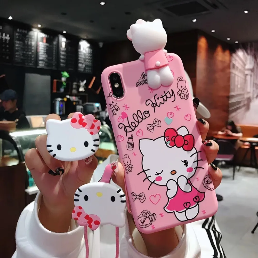 

Luxury 3D cute cartoon cat holder stand Pink silicone phone case for iphone 6 S 7 8 plus X XR XS MAX back coque