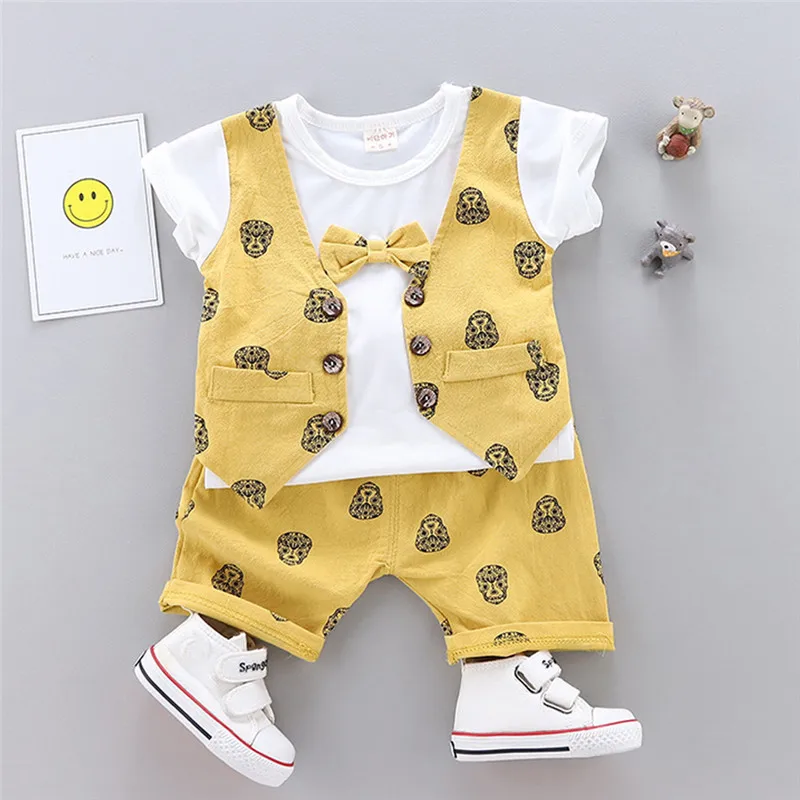 Children's clothes 2019 new Infant Baby Boys Summer Gentleman Print Short Sleeve Bow Shirt+Shorts Pants Sets  (9)