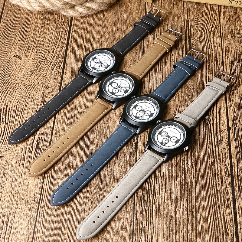 

2016 New Arrival 4 Colors Black Case Stainless Steel Men Quartz Watches With Leather Strap erkek kol saati