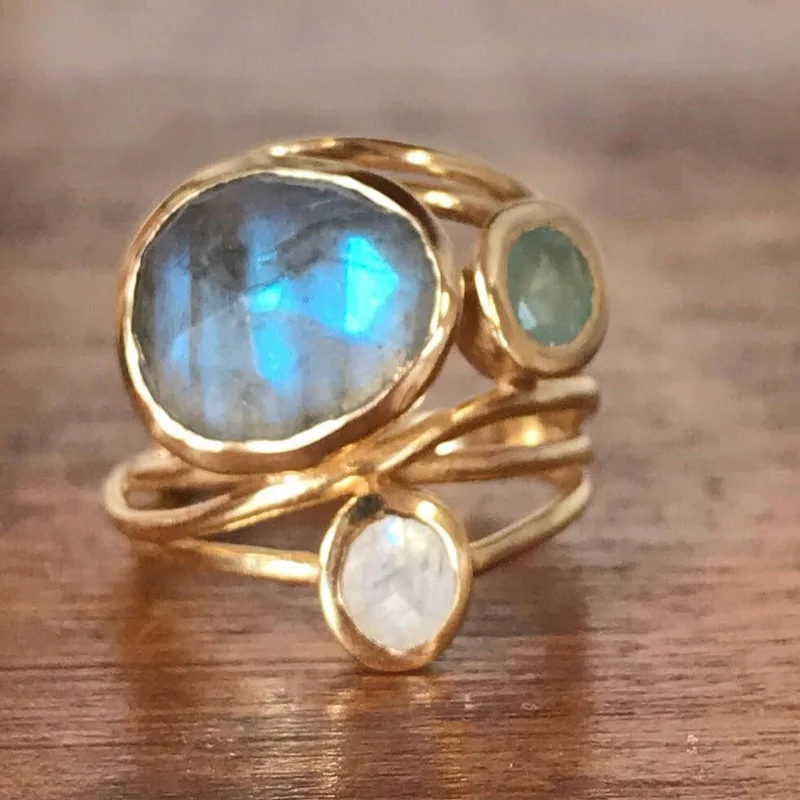 

2019 Colorful Moonstone Ring European Beauty Creative Multi-layer Simulation Shell Rings Jewelry Female Gold Color Bijouterie