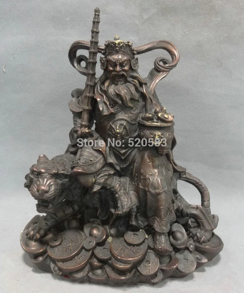 

10" China Pure Bronze YuanBao Coin Mammon God On Tiger Statue