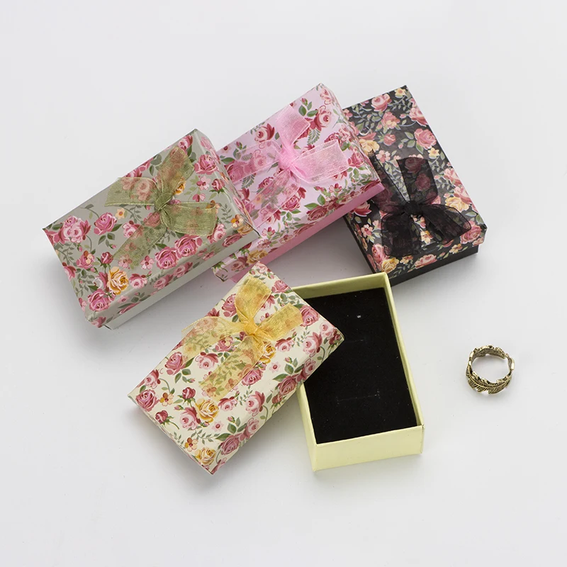 

5x8cm Jewelry Set Box 16pcs/lot Necklace Earrings Ring Gift Boxes Paper Flower Floral Christmas Packaging Display Black Sponge