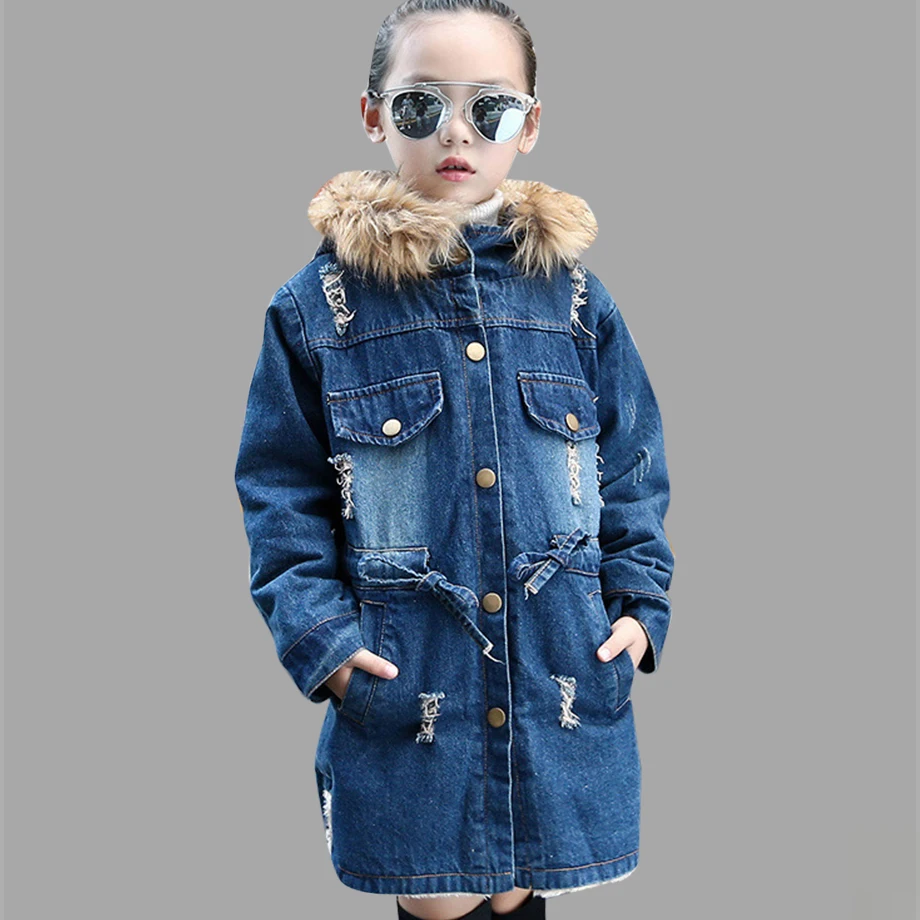 

Winter Jackets For Girls Denim Fur Hooded Children Jackets Casual Autumn Kids Clothes Teenage Girls Clothing For 6 8 12 Years