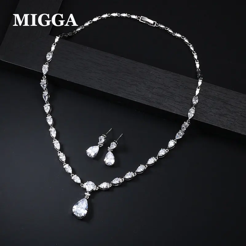 

MIGGA Shining 4 Color Cubic Zircon Stone Dubai Women Jewellery Set CZ Crystal Water Drop Earrings Necklace Set