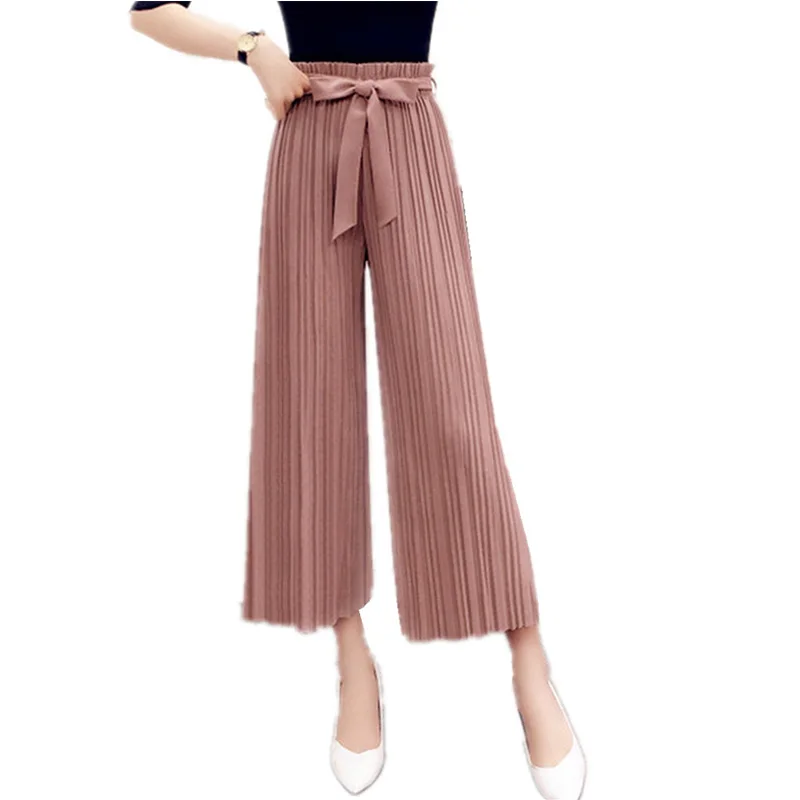 Billige 2019 herbst frauen Palazzo Hosen Breites Bein Solide Plissee Cropped Lose Lange Hose Feste Hohe Taille Trompete Casual Hosen