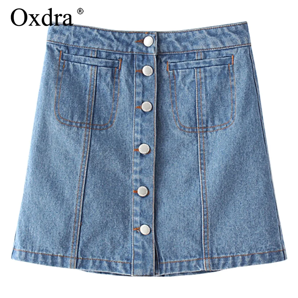 Oxdra Women Summer Mini Denim Skirt A line Solid Above Knee Mid Waist