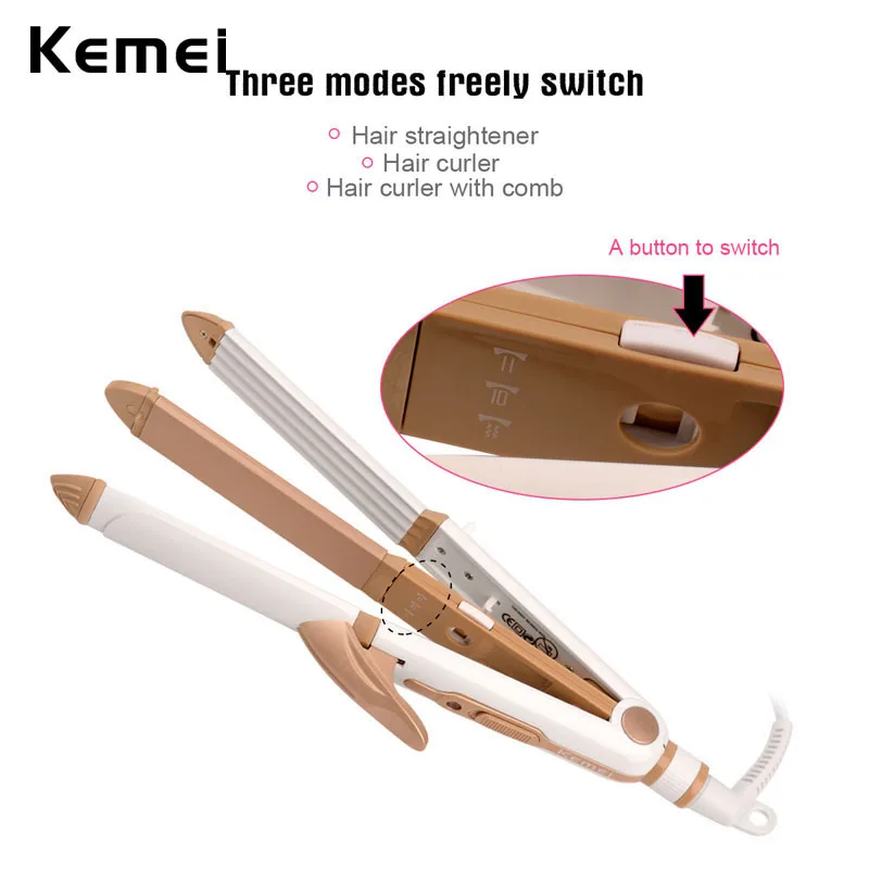 

Kemei 3in1 Multifunctional Hair Flat Plate Tourmaline ceramic Hair Straightener Thermostatic Curlers Corn Straightening Irons
