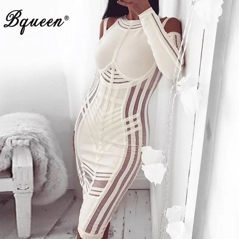 

Bqueen Elegant Spaghetti Strap Knee Length O Neck Hollow Out Lady Dress Sexy Full Sleeve Autumn Women Bandage Dress Vestidos