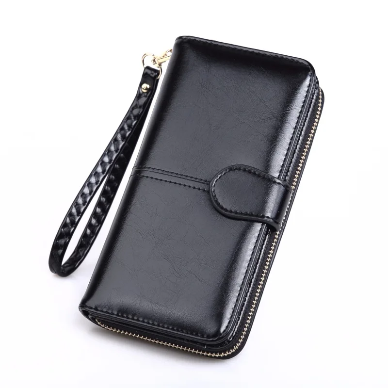 Масло воск женский кожаный кошелек ретро Женская сумка-клатч для телефона длинная сумка для монет на молнии женская сумка для карт папка для купюр - Цвет: Black