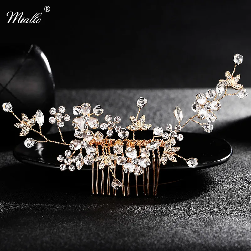 

Miallo Bride Wedding Hair Comb Leaves Flowers Crystal Rhinestones Hair Accessories Handmade Bridemaid Hair Jewelry Bridal Party